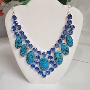 NWT 925 blue turqoise & topaz necklace .925 sterling silver Artisan. Handmade